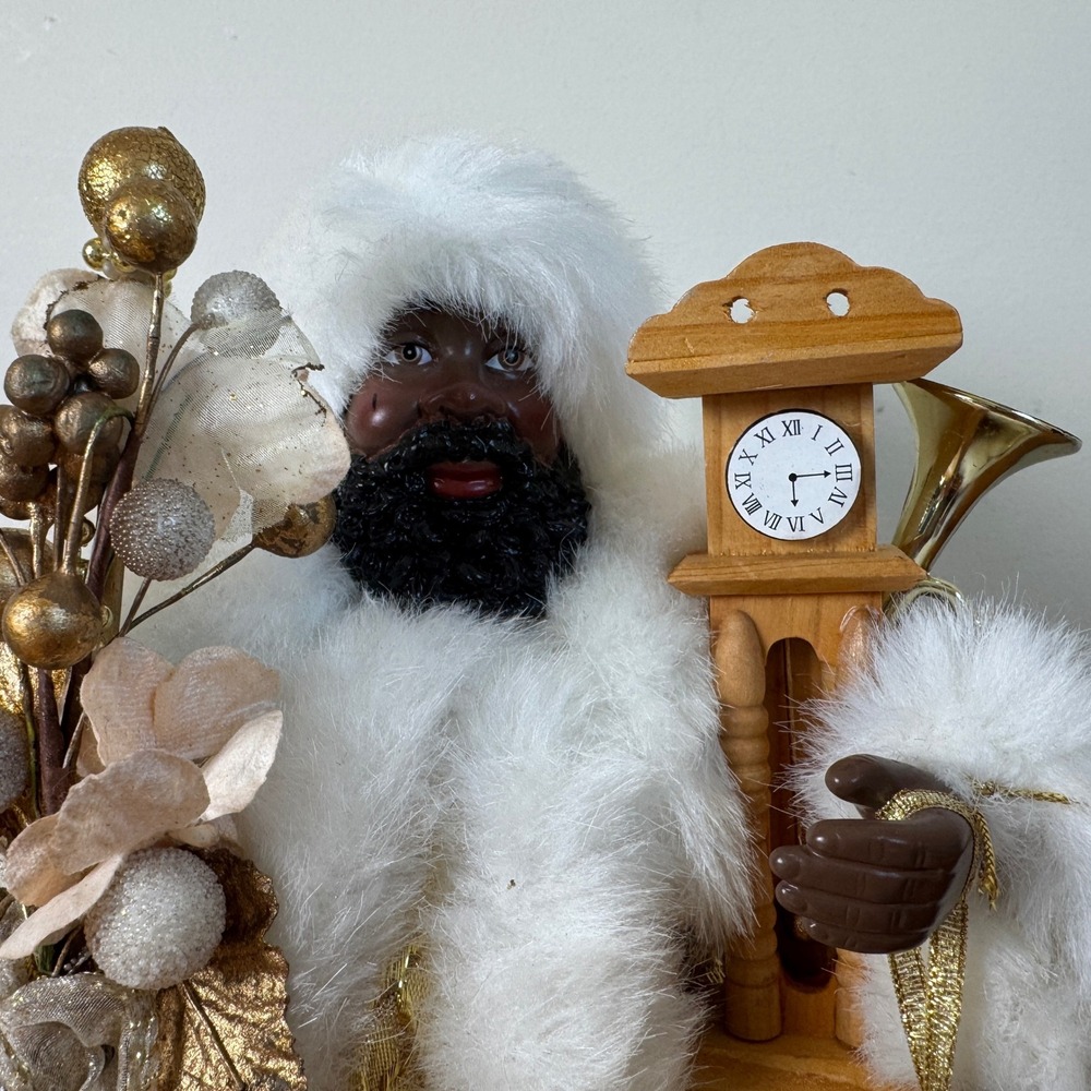Black Santa Claus Christmas Tree Topper Gold White Brocade Grandfather Clock - Picture 2 of 6